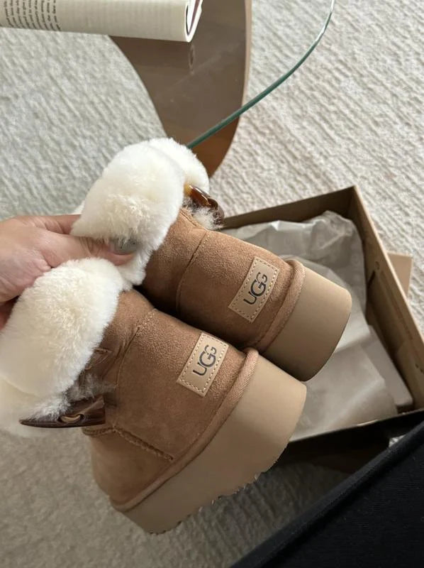 UGG Women's Platform Mini Boot with Fluffy Sheepskin Collar