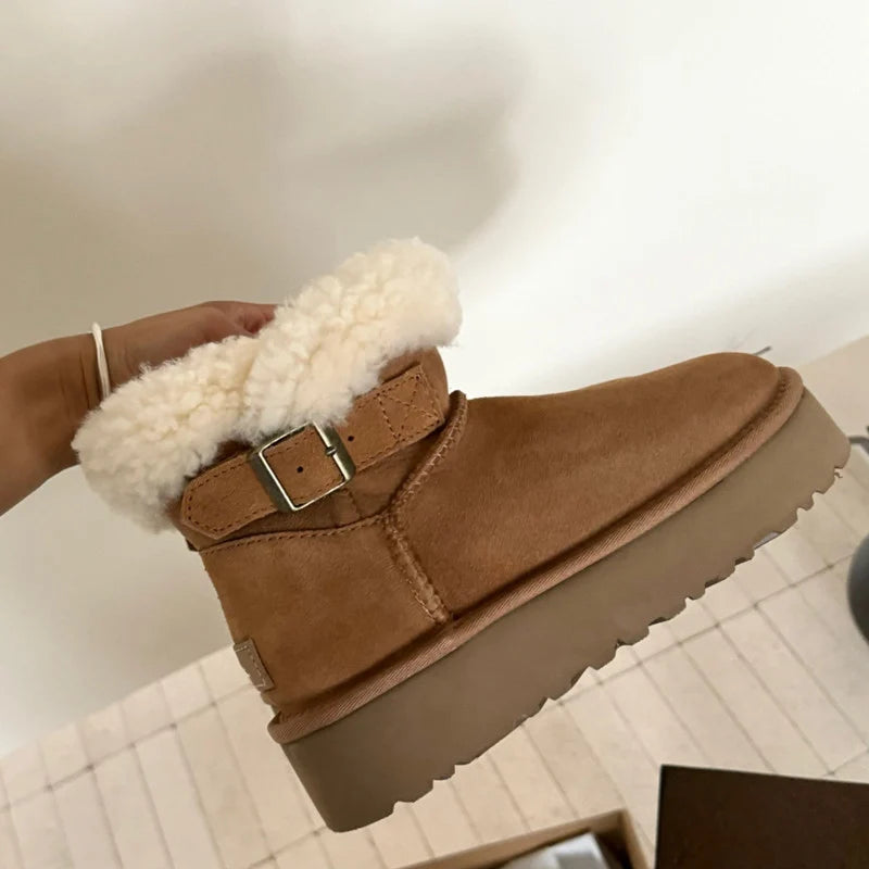 UGG Women's Belted Platform Boot with Fluffy Wool Collar