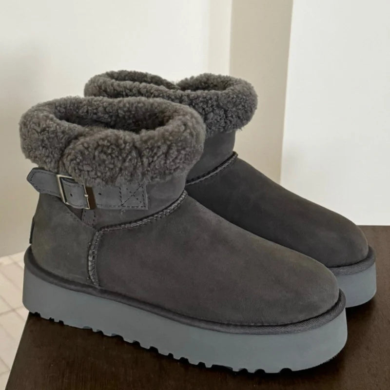 UGG Women's Belted Platform Boot with Fluffy Wool Collar