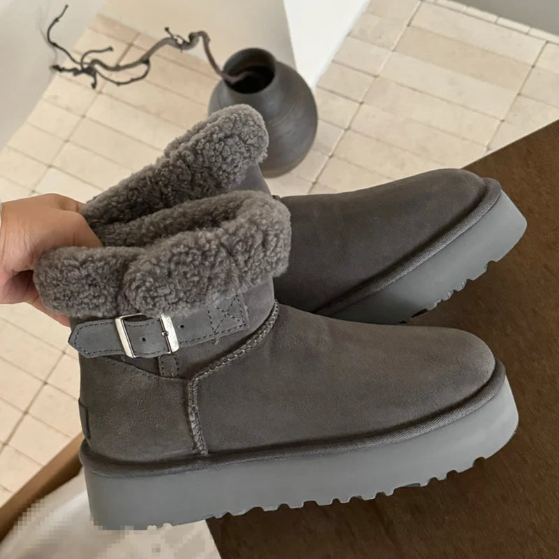 UGG Women's Belted Platform Boot with Fluffy Wool Collar