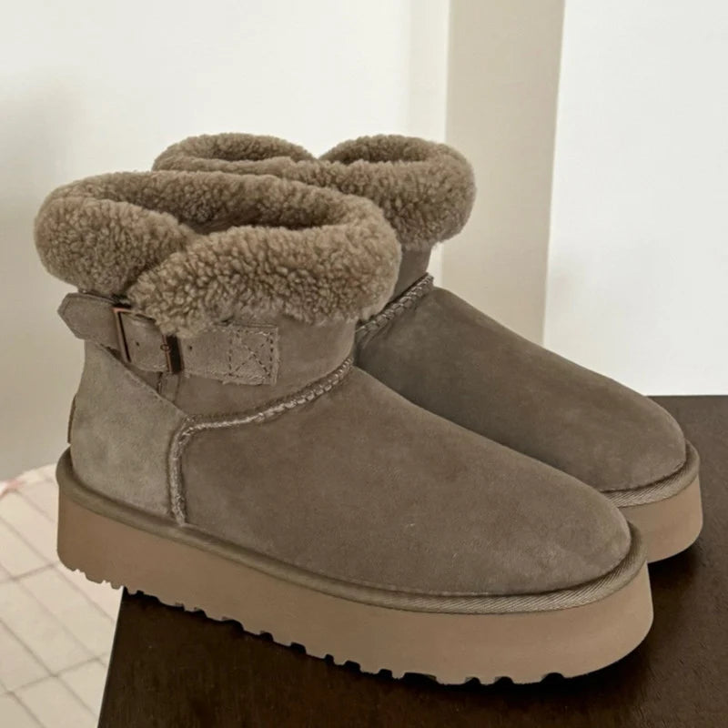 UGG Women's Belted Platform Boot with Fluffy Wool Collar