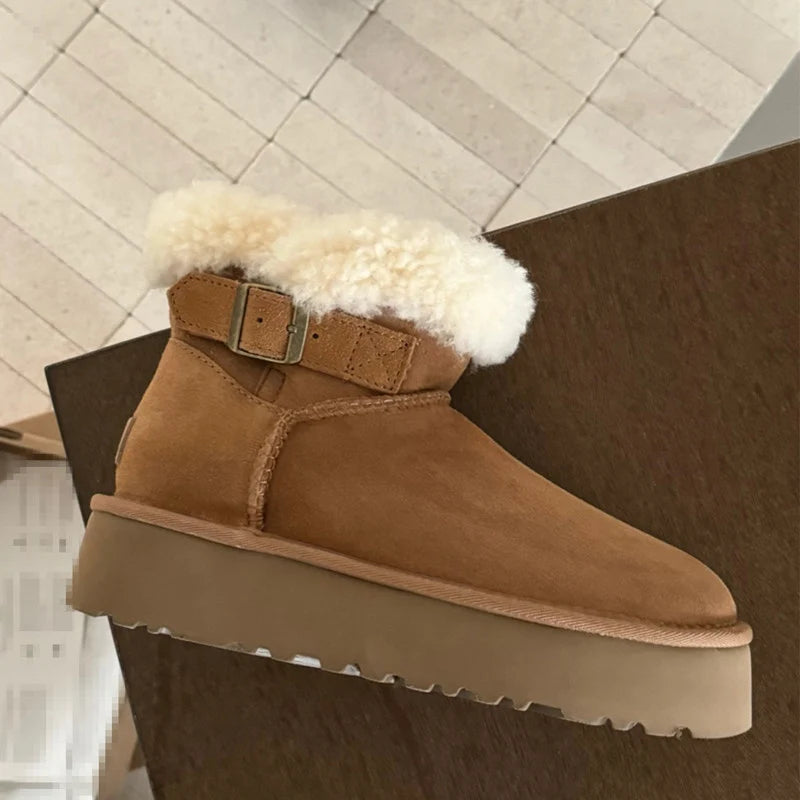 UGG Women's Belted Platform Boot with Fluffy Wool Collar
