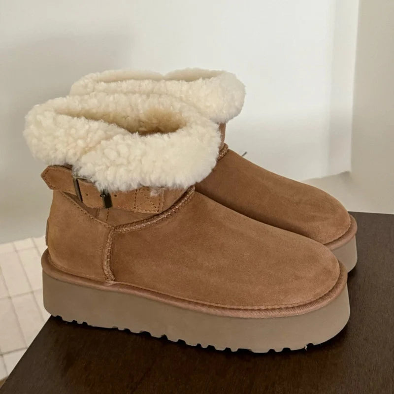 UGG Women's Belted Platform Boot with Fluffy Wool Collar