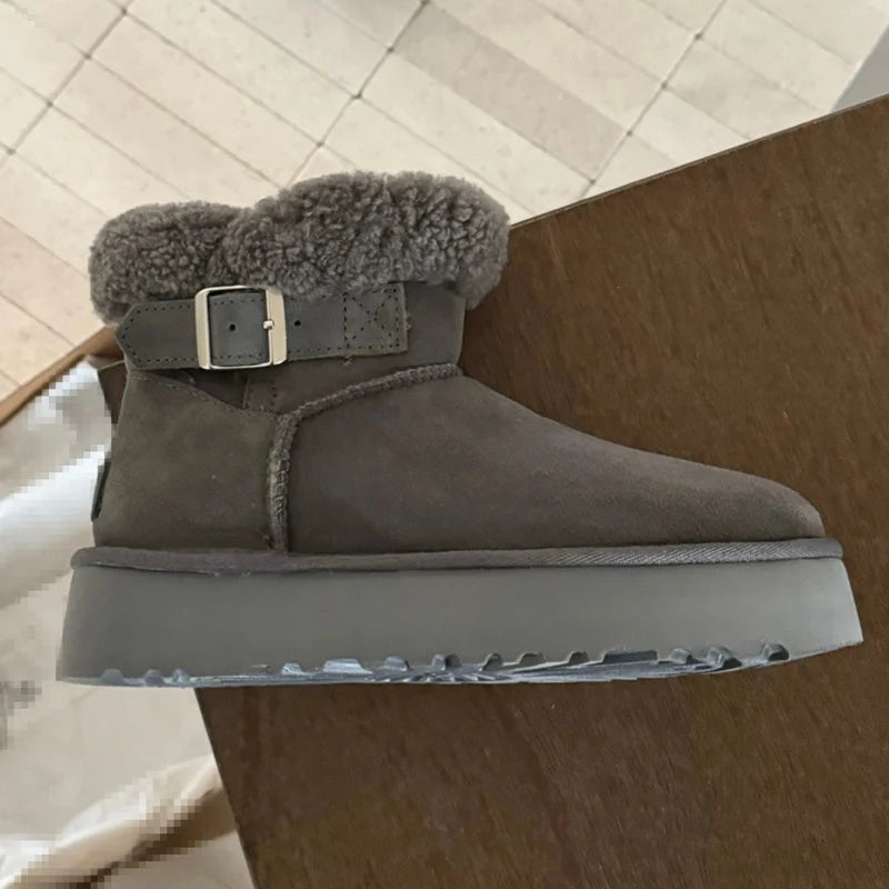 UGG Women's Belted Platform Boot with Fluffy Wool Collar