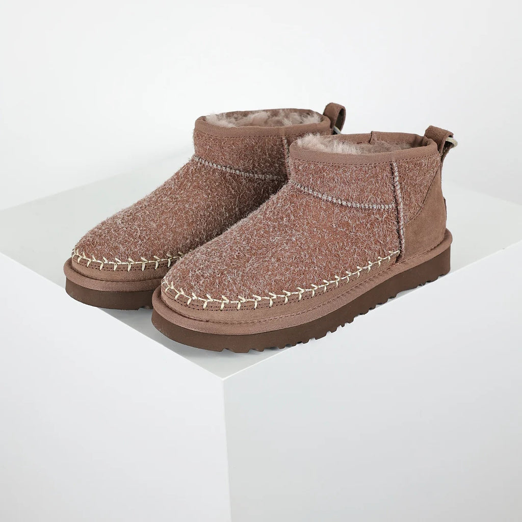 UGG Classic Ultra Mini Crafted Boot – Taupe | Shearling-Texture Women's Ankle Boot with Whipstitch