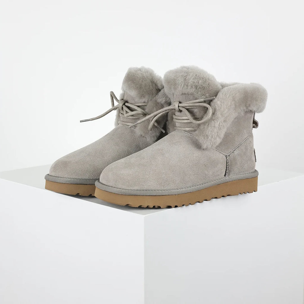 UGG Classic Mini Lace-Up Boot – Light Grey | Shearling-Cuff Women's Ankle Boot with Back Bow