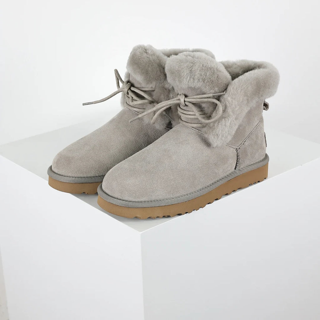 UGG Classic Mini Lace-Up Boot – Light Grey | Shearling-Cuff Women's Ankle Boot with Back Bow