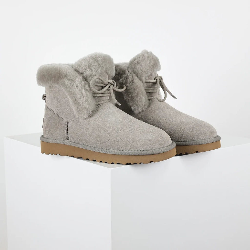 UGG Classic Mini Lace-Up Boot – Light Grey | Shearling-Cuff Women's Ankle Boot with Back Bow