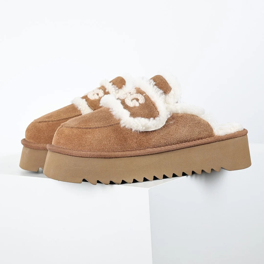 UGG Funkette Platform Slipper – Chestnut | Shearling UGG Letter Appliqué Women's Platform Slip-On