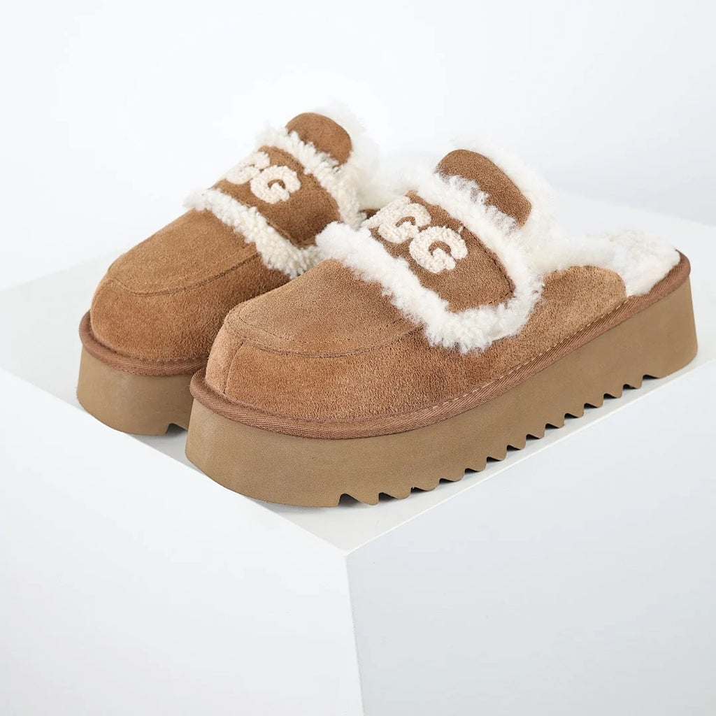 UGG Funkette Platform Slipper – Chestnut | Shearling UGG Letter Appliqué Women's Platform Slip-On