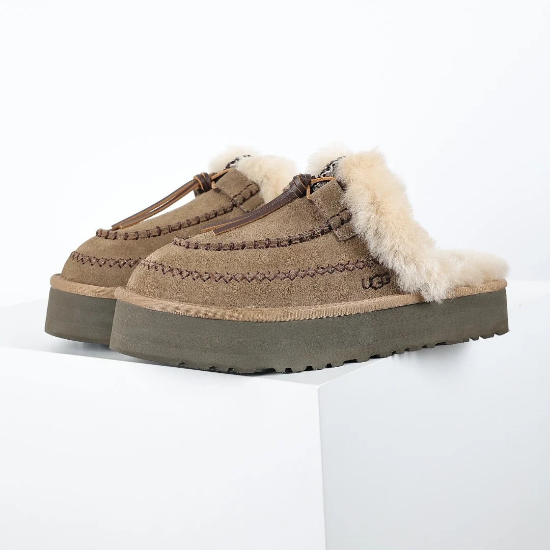 UGG Tazz Platform Mule – Antelope | Whipstitch-Embroidered Shearling Open-Back Women's Platform Mule