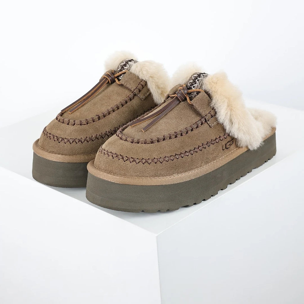 UGG Tazz Platform Mule – Antelope | Whipstitch-Embroidered Shearling Open-Back Women's Platform Mule