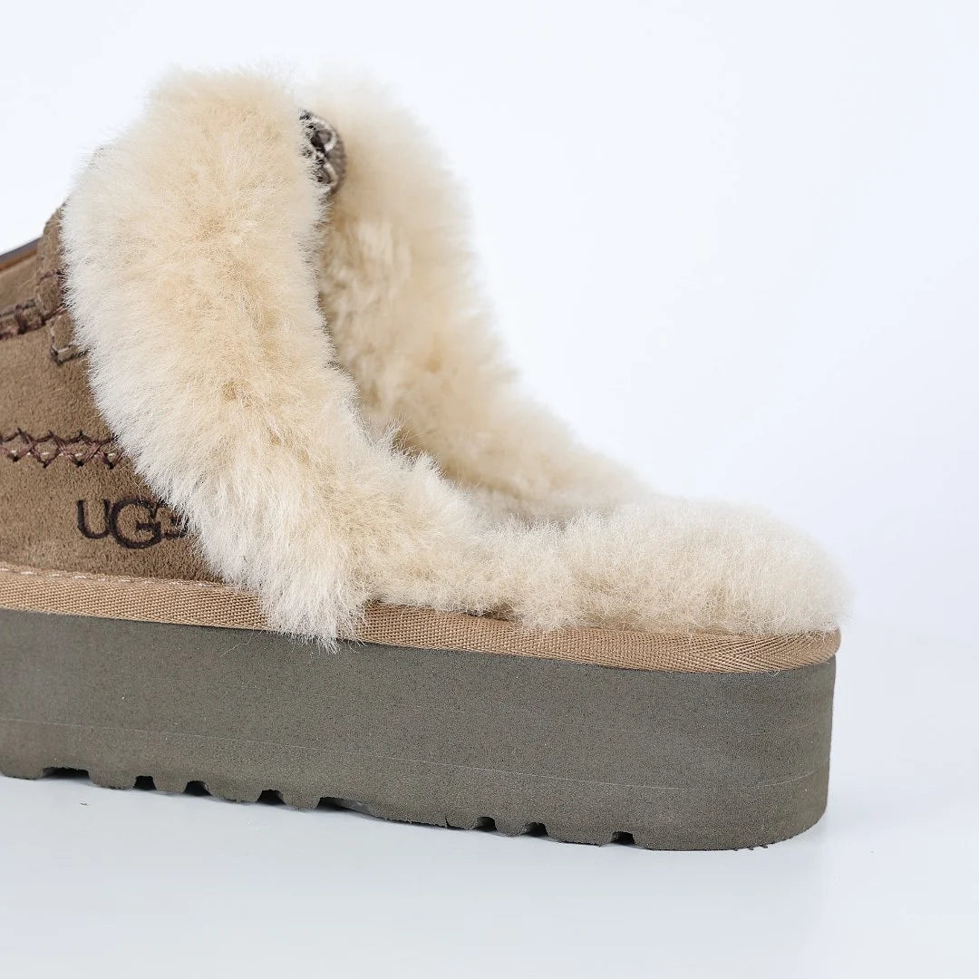 UGG Tazz Platform Mule – Antelope | Whipstitch-Embroidered Shearling Open-Back Women's Platform Mule