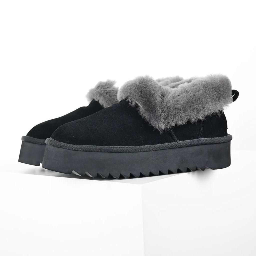 UGG Classic Ultra Mini Platform Boot – Black & Grey | Overflowing Grey Shearling-Cuff Women's Platform Ankle Boot