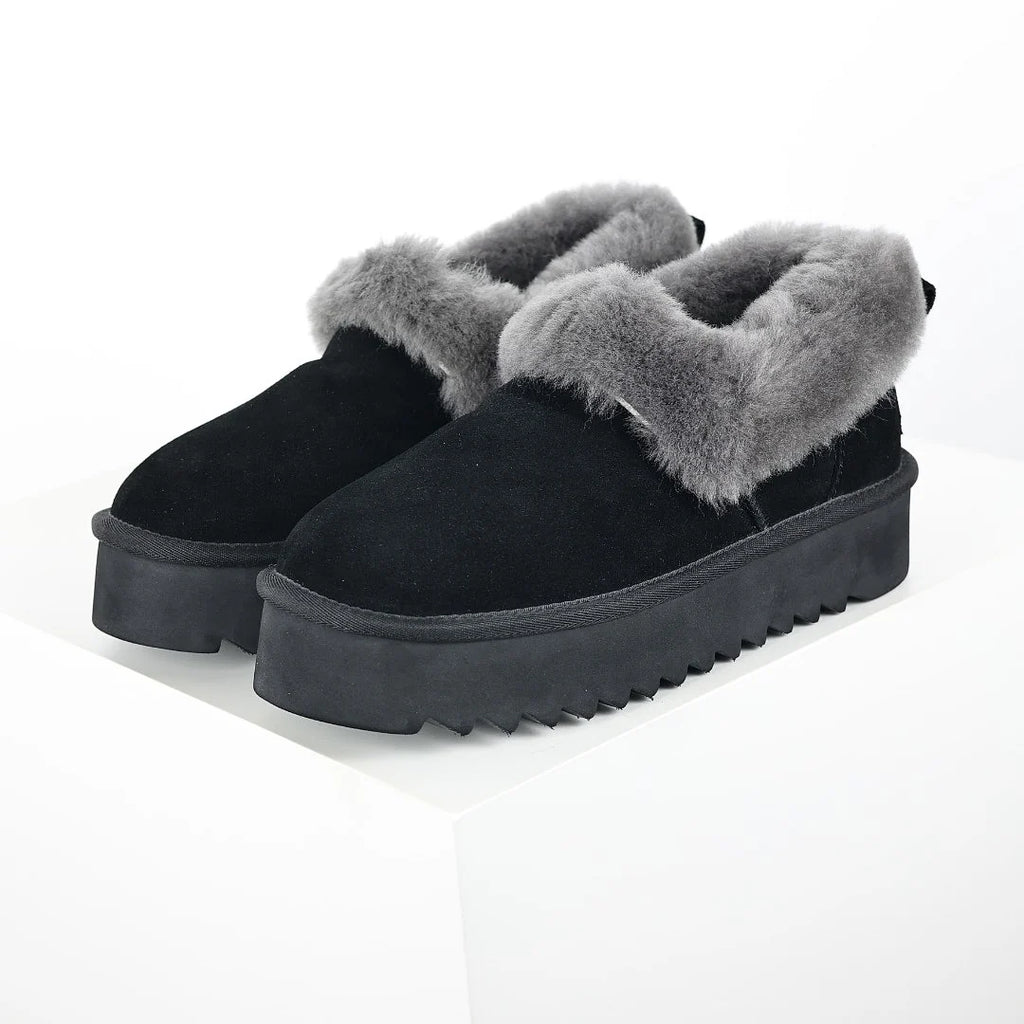 UGG Classic Ultra Mini Platform Boot – Black & Grey | Overflowing Grey Shearling-Cuff Women's Platform Ankle Boot
