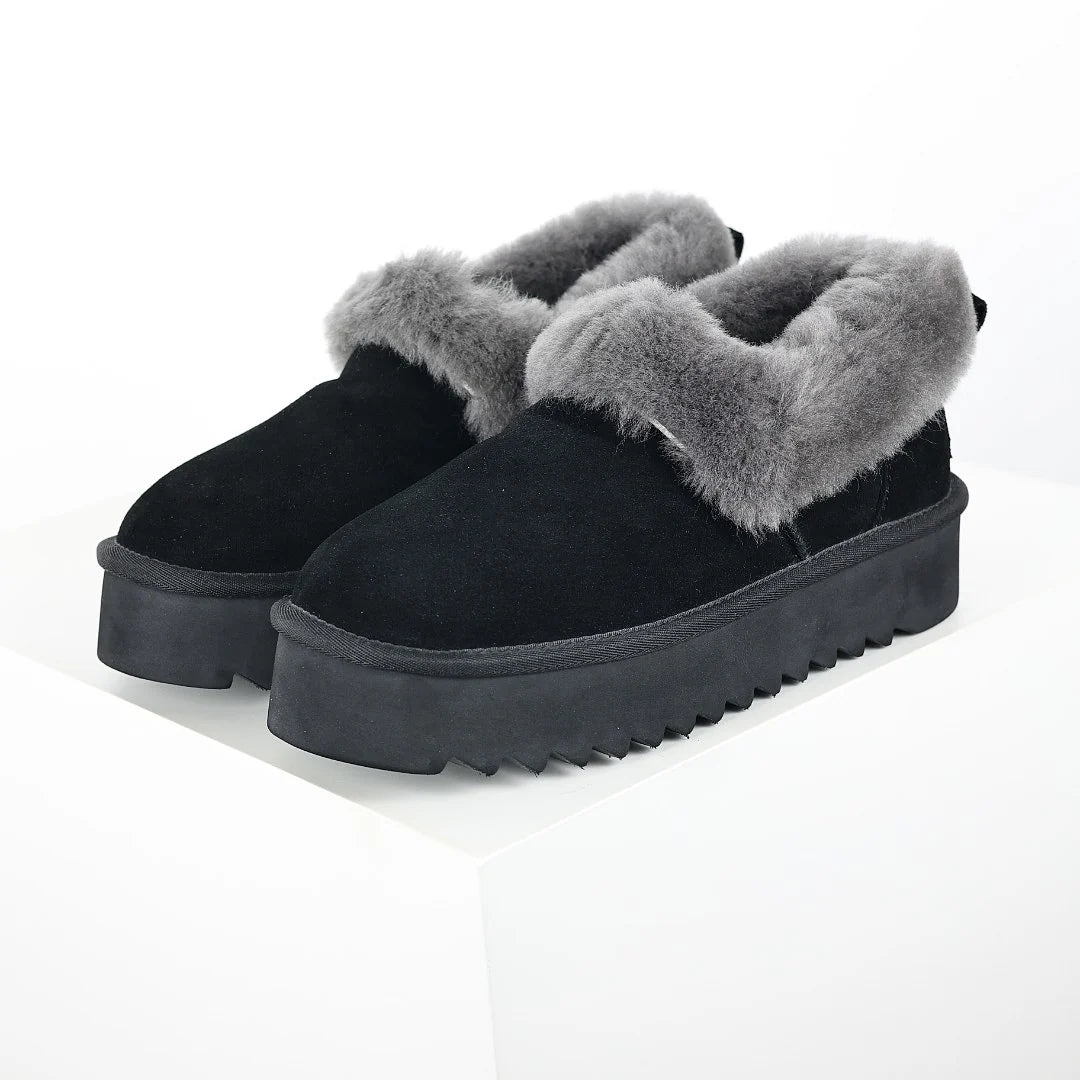 UGG Classic Ultra Mini Platform Boot – Black & Grey | Overflowing Grey Shearling-Cuff Women's Platform Ankle Boot