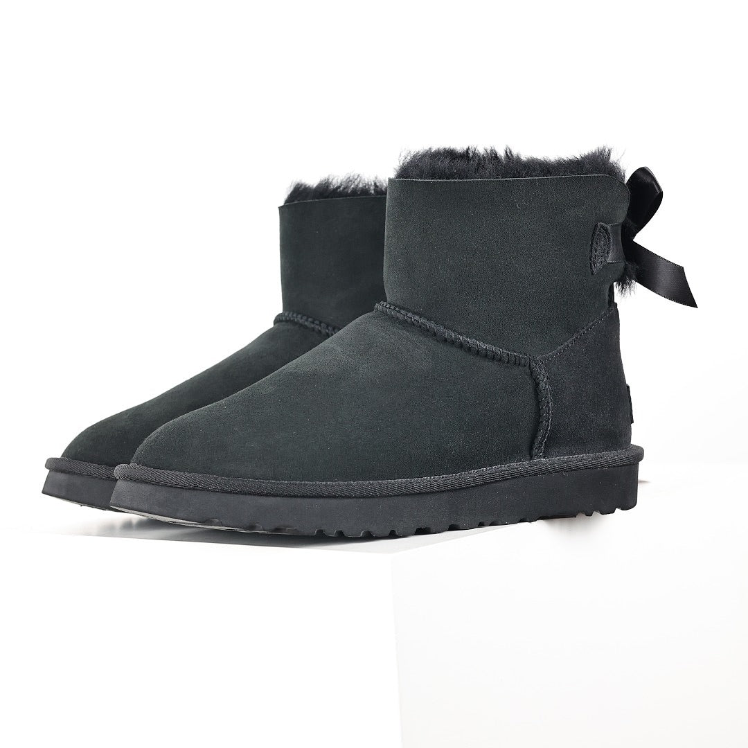 UGG Classic Mini Bailey Bow Boot – Black | Voluminous Taffeta Bow Women's Shearling Ankle Boot