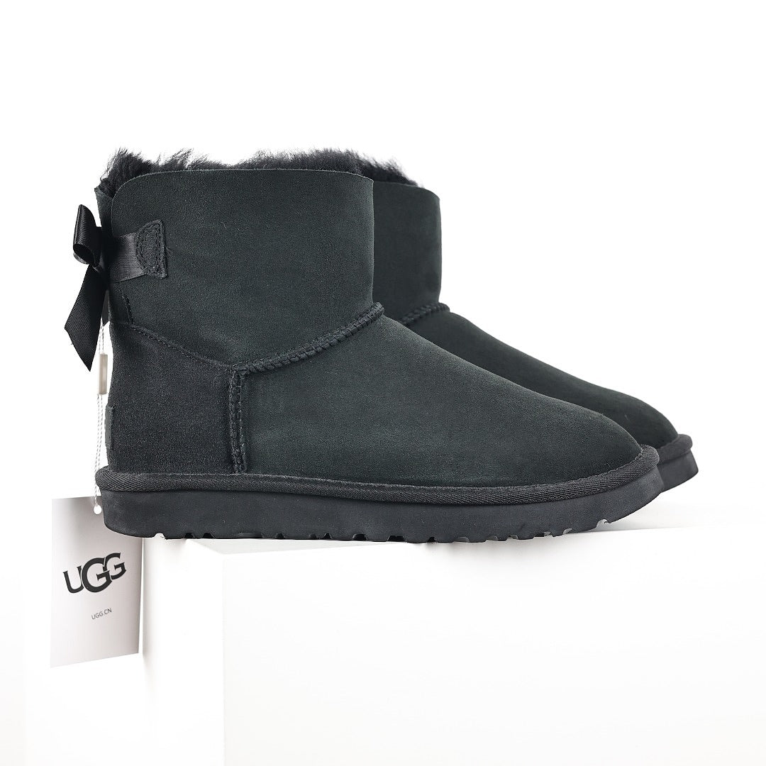 UGG Classic Mini Bailey Bow Boot – Black | Voluminous Taffeta Bow Women's Shearling Ankle Boot