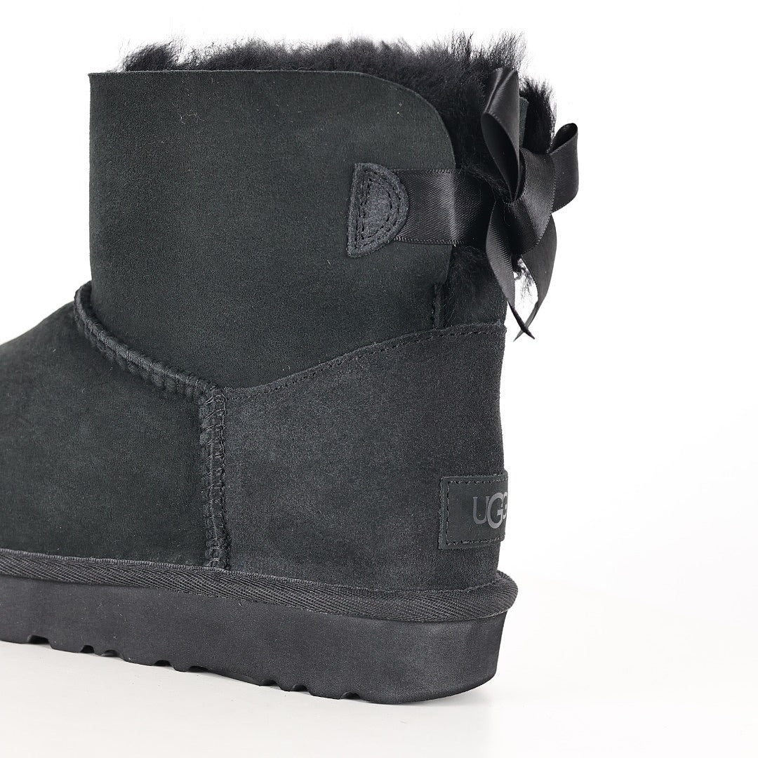 UGG Classic Mini Bailey Bow Boot – Black | Voluminous Taffeta Bow Women's Shearling Ankle Boot