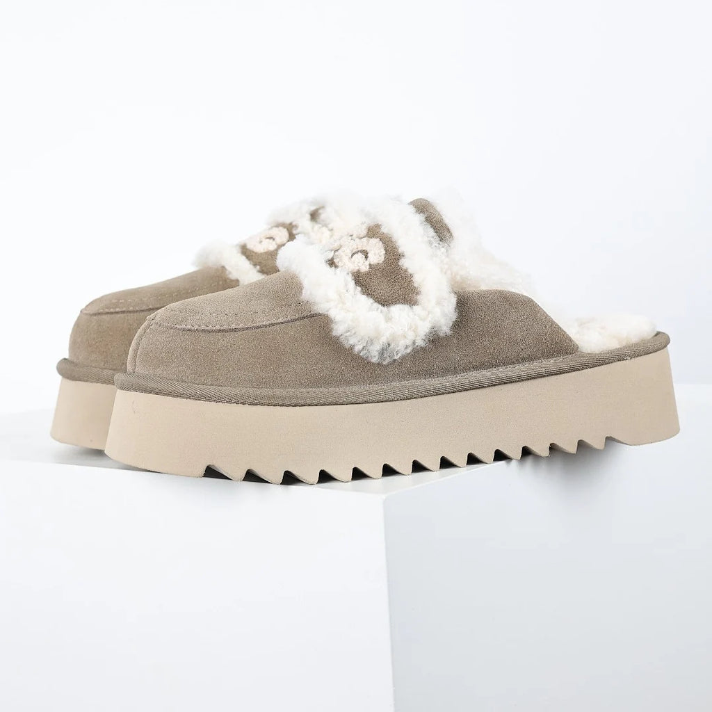 UGG Logo Plush Platform Mule – Taupe | Sherpa-Lined Women's Platform Slippers