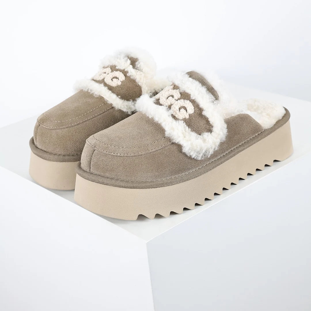 UGG Logo Plush Platform Mule – Taupe | Sherpa-Lined Women's Platform Slippers