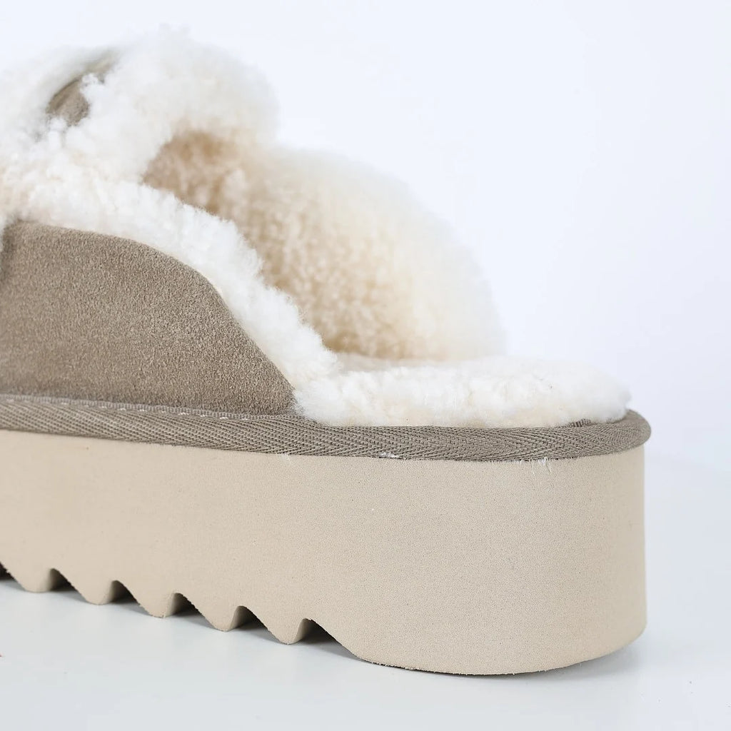 UGG Logo Plush Platform Mule – Taupe | Sherpa-Lined Women's Platform Slippers