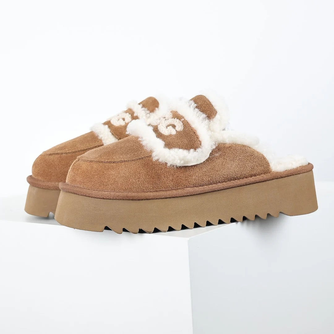 UGG Logo Plush Platform Mule – Chestnut | Sherpa-Lined Women's Platform Slippers