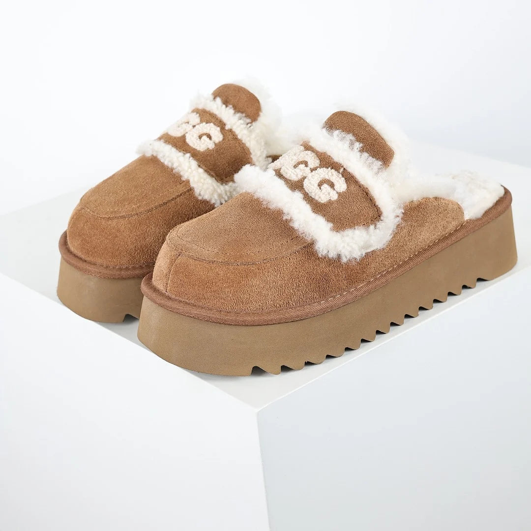 UGG Logo Plush Platform Mule – Chestnut | Sherpa-Lined Women's Platform Slippers