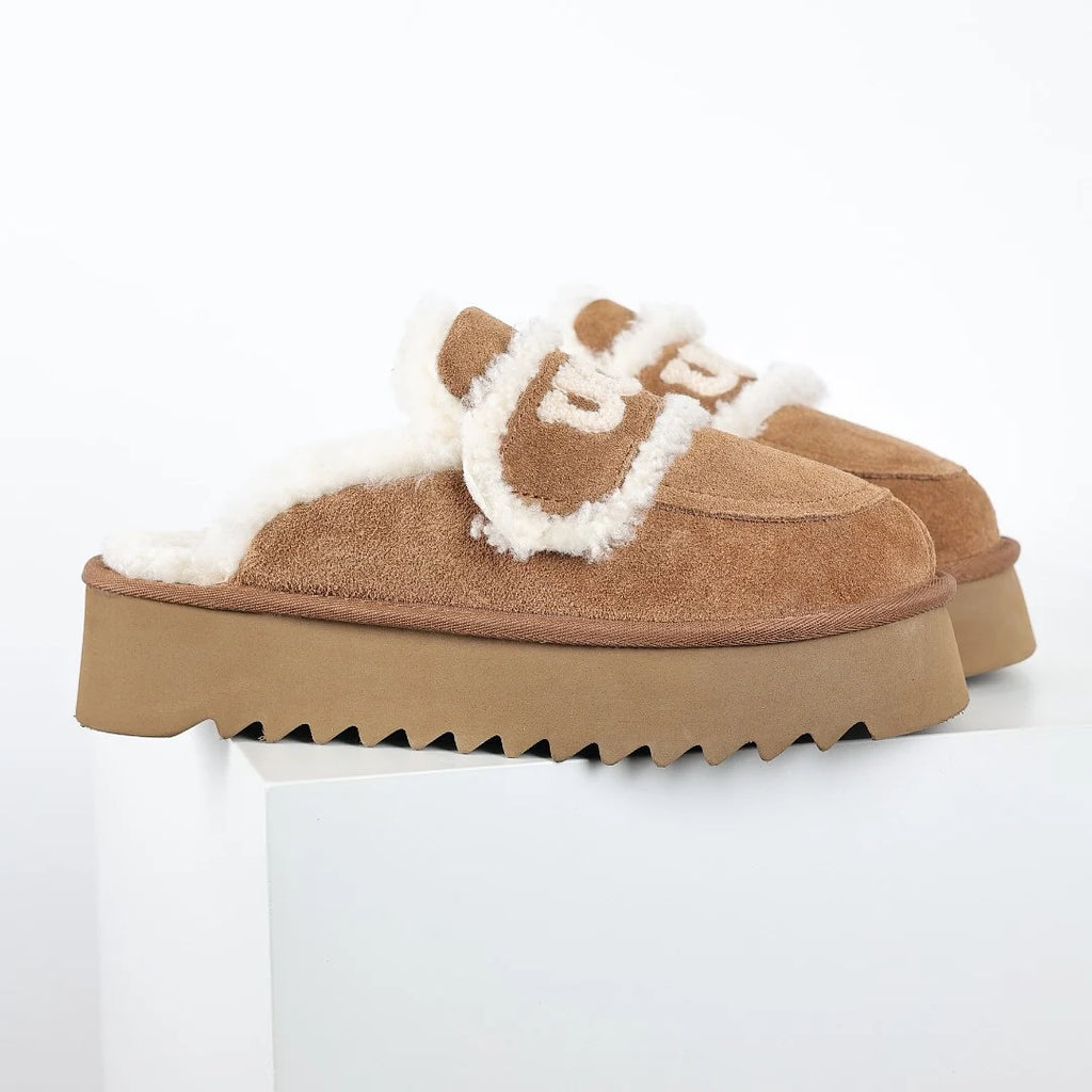UGG Logo Plush Platform Mule – Chestnut | Sherpa-Lined Women's Platform Slippers