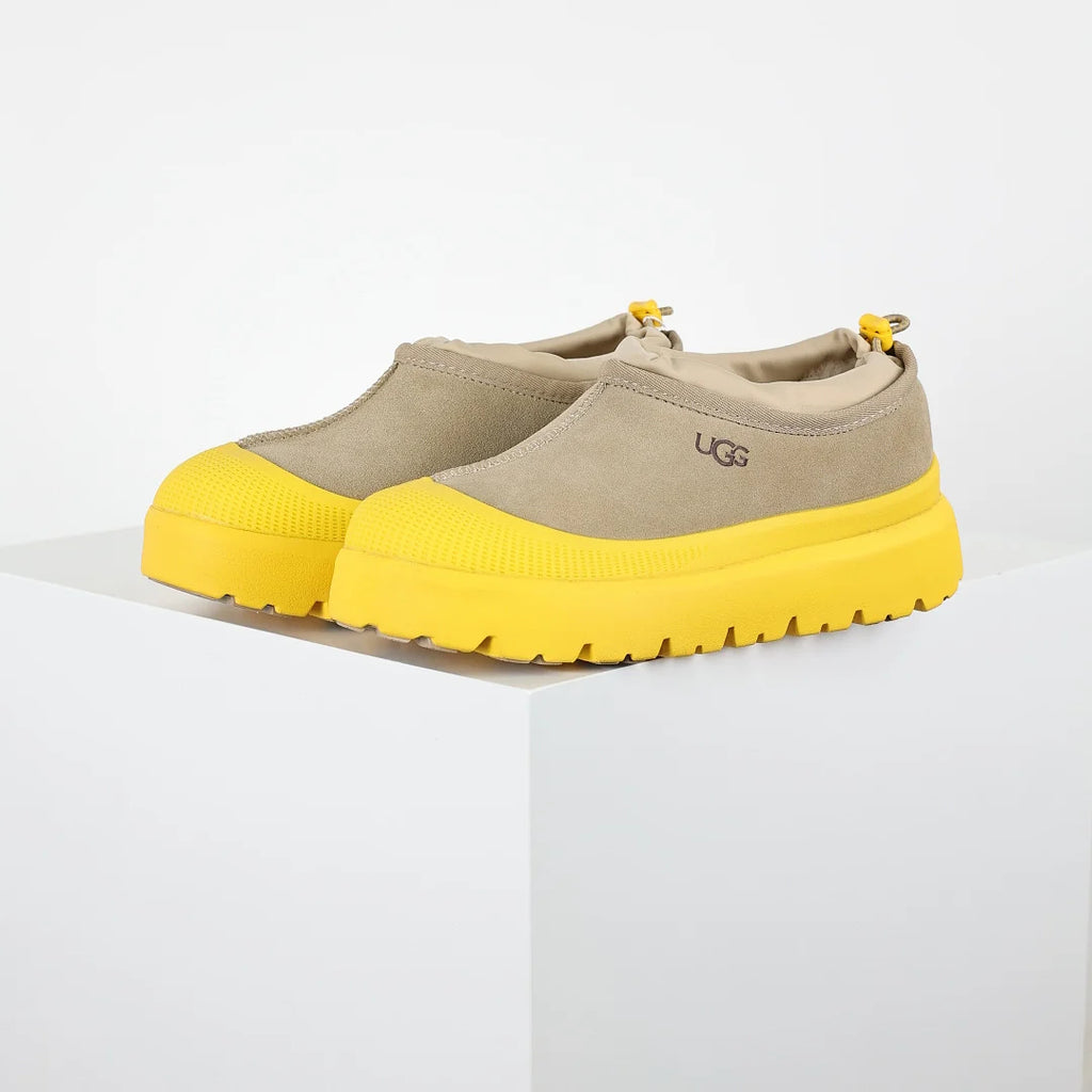 UGG Tasman Weather Hybrid Moc – Taupe & Neon Yellow | Water-Resistant Unisex Slip-On with Neon Lug Sole