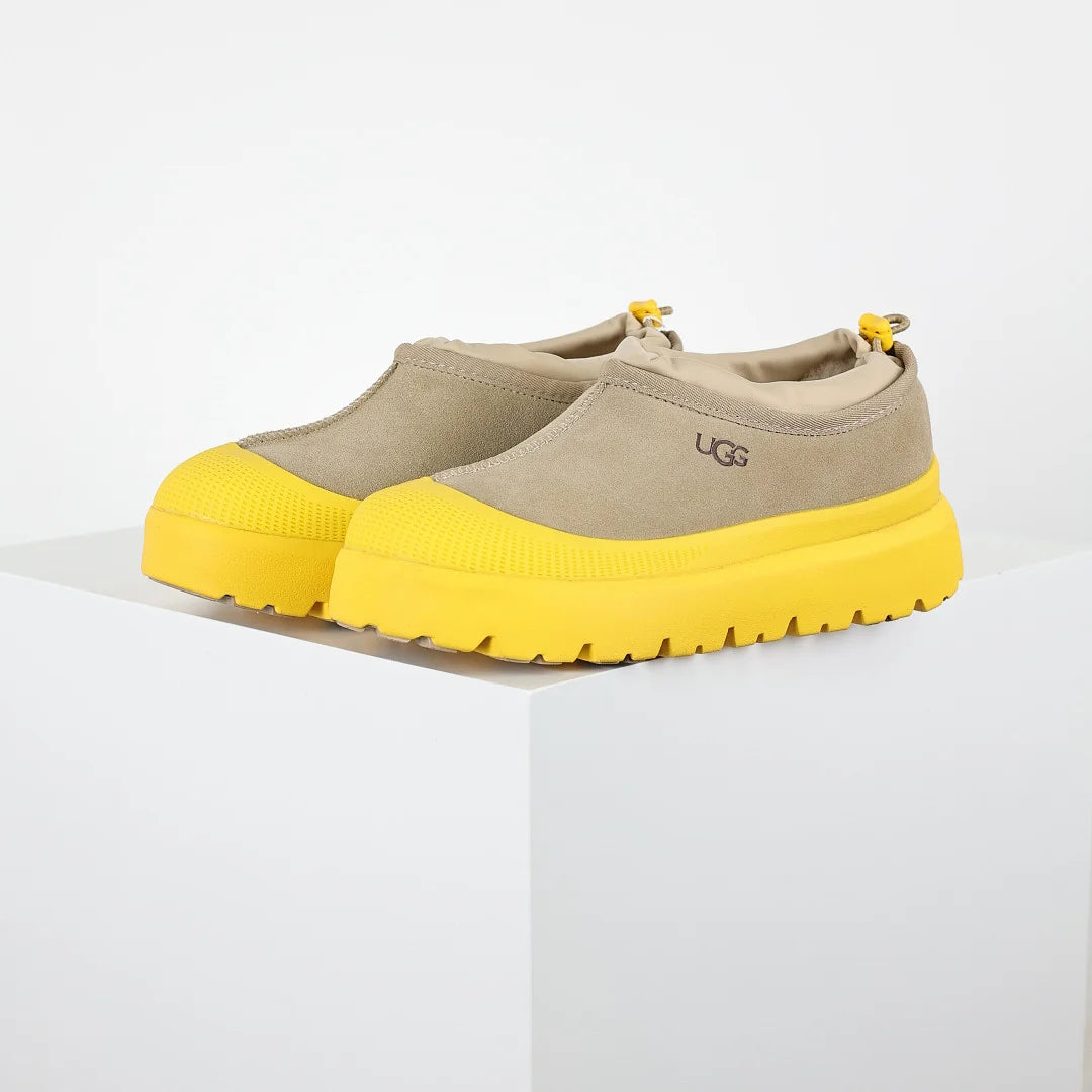 UGG Tasman Weather Hybrid Moc – Taupe & Neon Yellow | Water-Resistant Unisex Slip-On with Neon Lug Sole