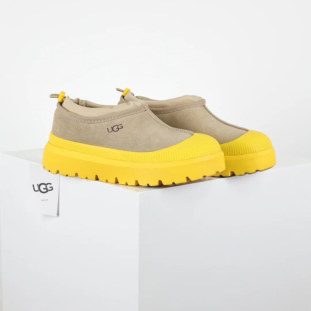 UGG Tasman Weather Hybrid Moc – Taupe & Neon Yellow | Water-Resistant Unisex Slip-On with Neon Lug Sole
