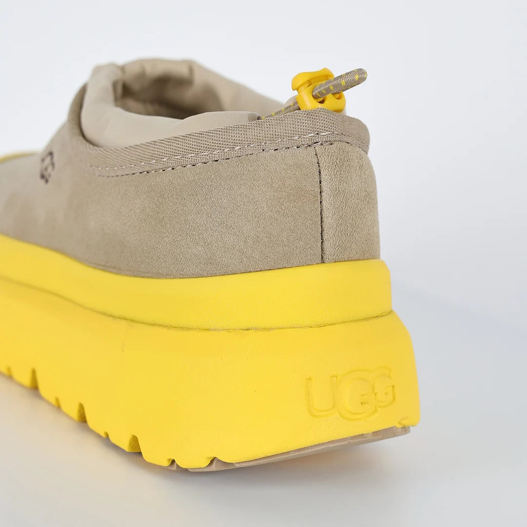 UGG Tasman Weather Hybrid Moc – Taupe & Neon Yellow | Water-Resistant Unisex Slip-On with Neon Lug Sole