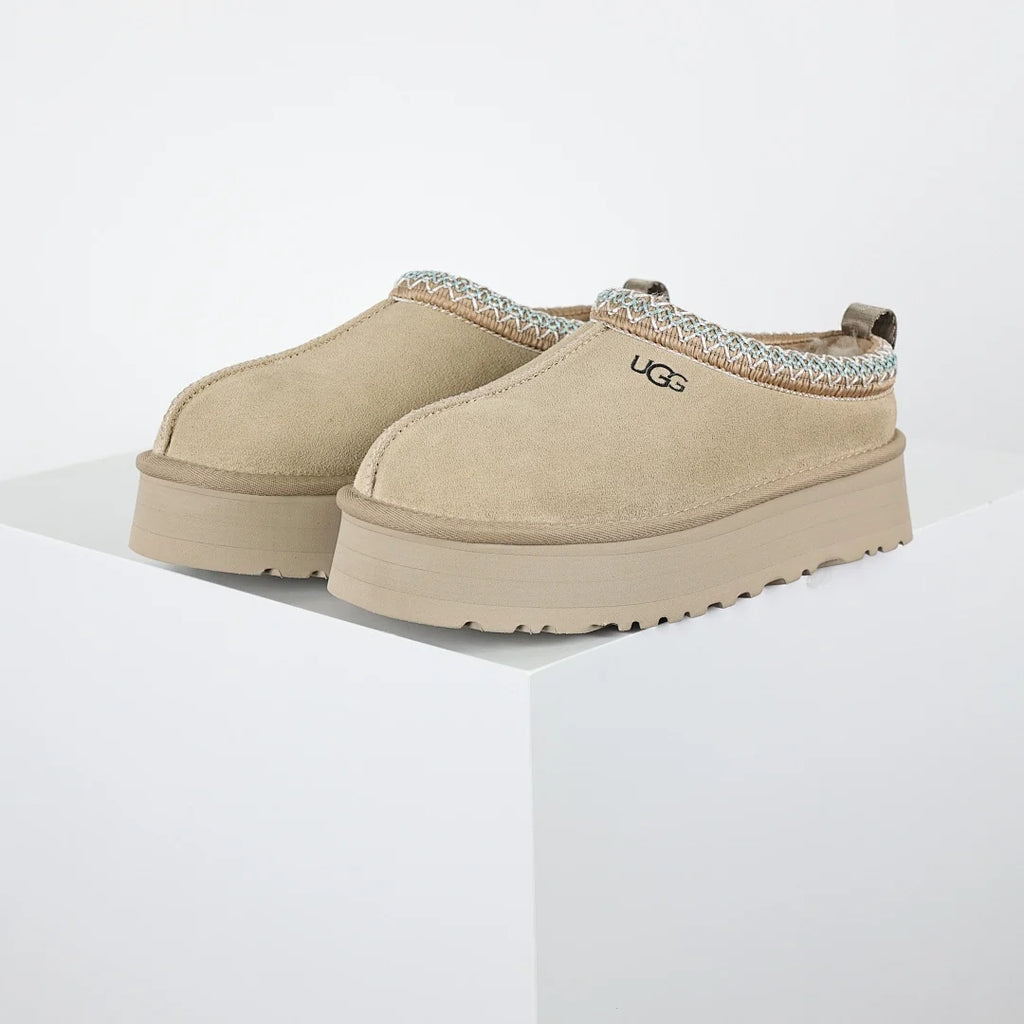 UGG Tazz Platform Slipper – Sand | Folk-Art Whipstitch Women's Closed-Toe Platform Slip-On