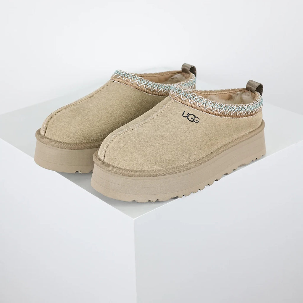 UGG Tazz Platform Slipper – Sand | Folk-Art Whipstitch Women's Closed-Toe Platform Slip-On
