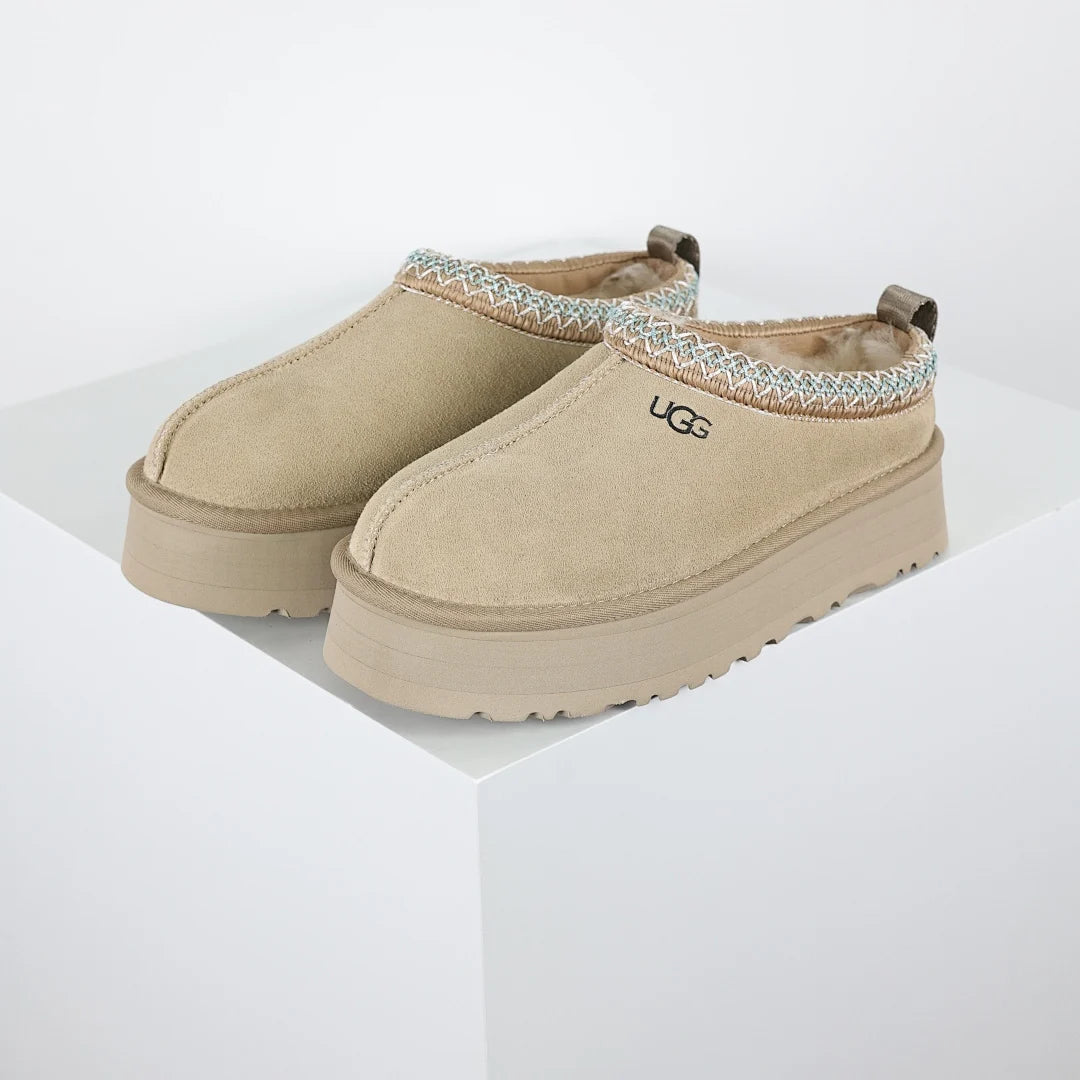 UGG Tazz Platform Slipper – Sand | Folk-Art Whipstitch Women's Closed-Toe Platform Slip-On