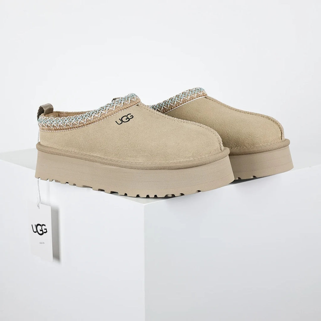 UGG Tazz Platform Slipper – Sand | Folk-Art Whipstitch Women's Closed-Toe Platform Slip-On