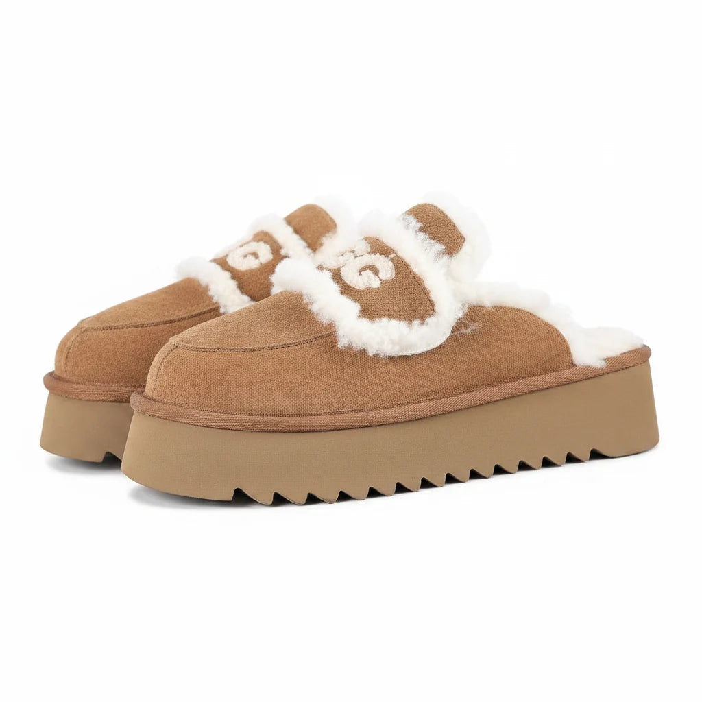 UGG Logo Plush Platform Mule – Chestnut | Sherpa-Lined Women's Platform Slippers